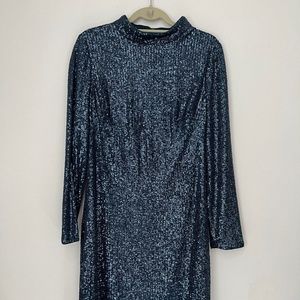 Long sleeved, knee length blue sequins dress